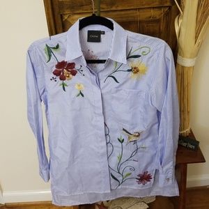 Blue and white striped button down top